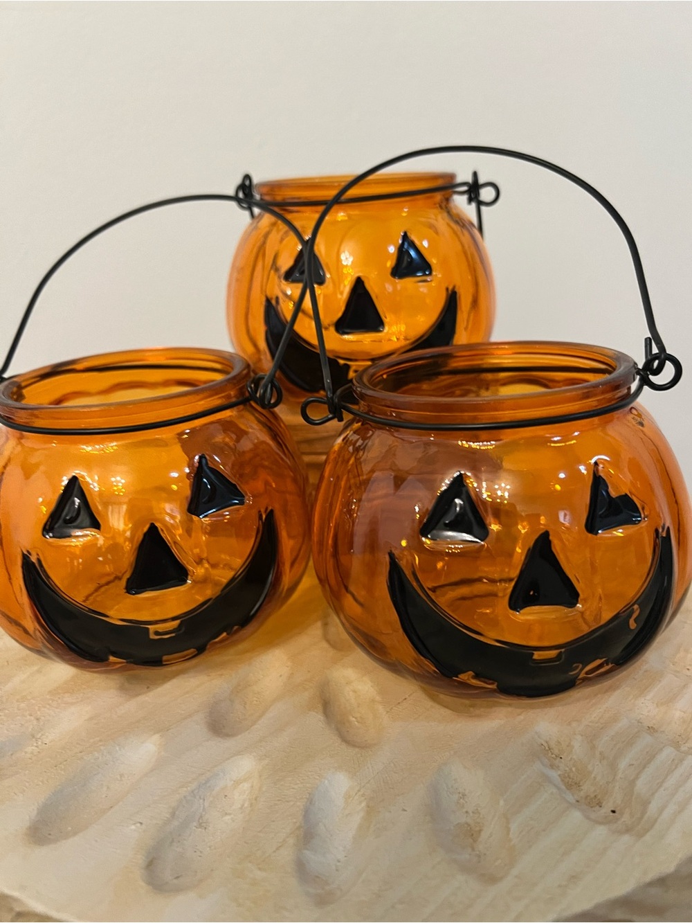 Halloween Three Glass Pumpkin Holders - Orange Jack-O'-Lantern Set